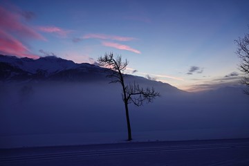 beautiful sunset on a frozen lake with fog