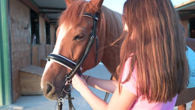 Young smiling woman standing in relax outside with wonderful chestnut horse on bridle and looking away.