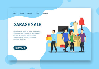 Cartoon Garage Sale Concept Landing Web Page Template. Vector
