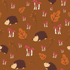 Kids autumn seamless vector pattern. Hedgehog mushrooms woodland Scandinavian fall design brown nature background. Use for textile fabric print, digital scrapbooking paper, packaging, kids fashion