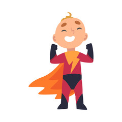 Boy in a superhero costume rejoices holding his fists up cartoon vector illustration