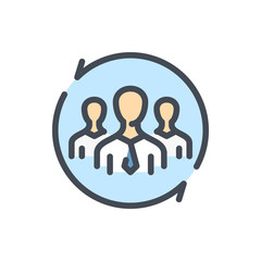 Updating workflow color line icon. Business team with refresh arrows vector outline colorful sign.