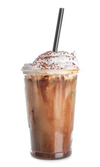 Cup of tasty frappe coffee on white background