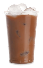 Cup of tasty frappe coffee on white background