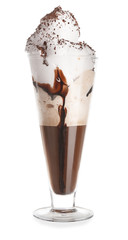 Glass of tasty frappe coffee on white background