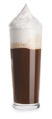 Glass of tasty frappe coffee on white background
