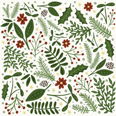Christmas flowers, holly and pine square pattern background