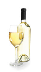 Glass and bottle of tasty wine on white background
