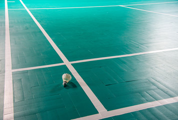 Badminton shuttlecock left on empty green Badminton court background.