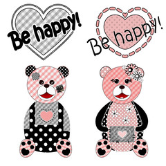Clipart bears hearts patchwork design  stylish vintage retro