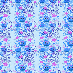 jellyfish baby pattern on a blue background vector illustration for design and decoration