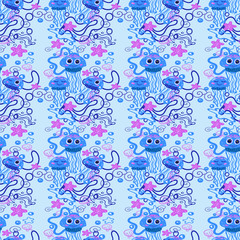 jellyfish baby pattern on a blue background vector illustration for design and decoration