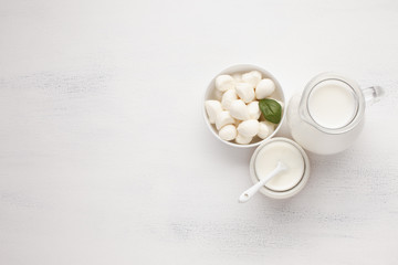 Bowl of mozzarella and jar of milk