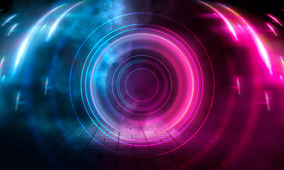 Neon circle on a dark street background, wet asphalt. Blue neon, smoke, smog. Night view of a street with neon. Abstract neon dark background.