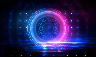 Neon circle on a dark street background, wet asphalt. Blue neon, smoke, smog. Night view of a street with neon. Abstract neon dark background.