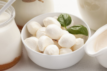 Fototapeta na wymiar Close-up mozzarella in white bowl