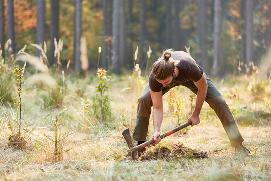 Waldarbeiter buddelt ein Pflanzloch für Setzlinge