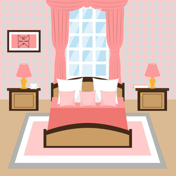 Bedroom interior with a bed, nightstands, big windows. Pink bed cover with many pillows in room.