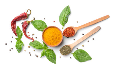 Different spices on white background