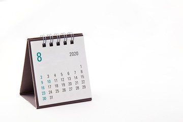 2020 August calendar on white background 