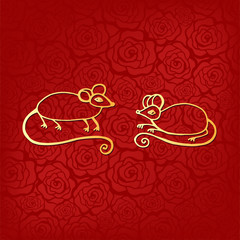 chinese new year 2020 card with abstract gold border line rat zodiac and abstract texture on red background vector design