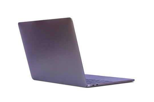 Closeup modern computer notebook in back view mockup template isolated on white background. Clipping path.