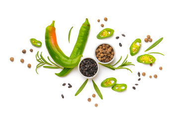 Fototapeta premium Different spices on white background