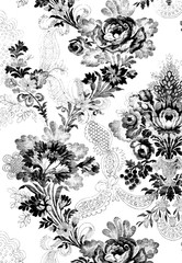 Fabric texture, floral vintage, black and white seamless, home textile, upholstery texture cover.