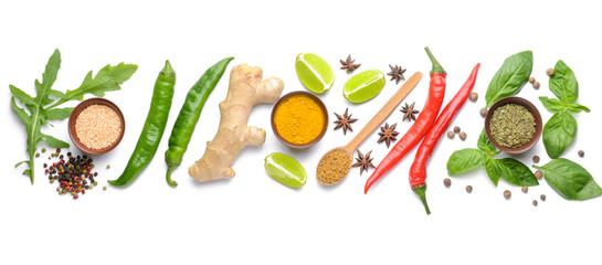 Different spices on white background