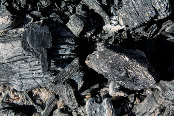 Background with black burnt wood. Charcoal texture backdrop. Bonfire covered with ashes and sawdust closeup