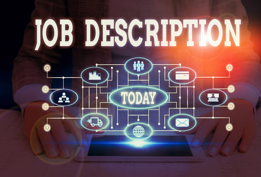 Writing note showing Job Description. Business concept for a formal account of an employee s is responsibilities Woman wear formal work suit presenting presentation using smart device