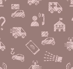 Emergency service, seamless pattern, color, hatching, rose gray, vector. Emergency medical and fire assistance, reference services. Imitation of pencil hatching.  