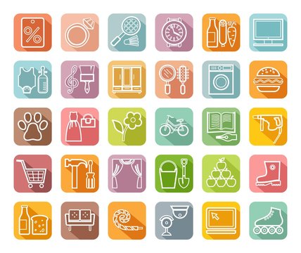 Shops, color icons, thin outline, vector. Different categories of goods. White icons on a colored box with a shadow.  