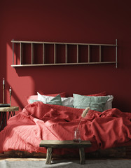 Red ethnic style bedroom interior, 3d render