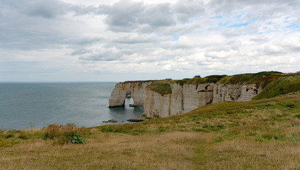 view of ocean and coast with green fields and jagged cliffs