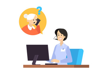 Female worker of support center chat with customer.