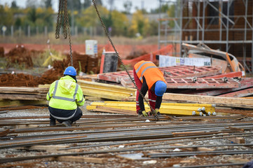 Detail with reinforcing iron bars on a construction site