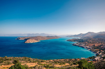 Panoramic view of the island of Spinalonga and gulf of Elounda.