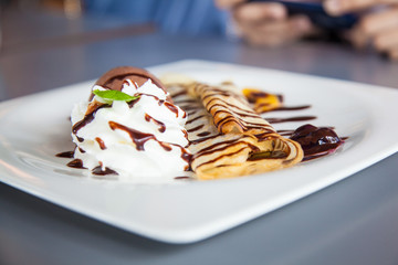 pancakes with ice cream and Bananas