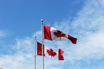 Two Canadian flags in the wind in front of blue sky