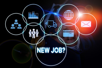 Text sign showing New Job Question. Business photo showcasing formal meeting which someone asked find out if they are suitable Male human wear formal work suit presenting presentation using smart