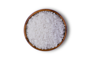 Fototapeta na wymiar Closeup coarse or rock natural sea salt in brown bowl isolated on white background. Clipping path. Top view.