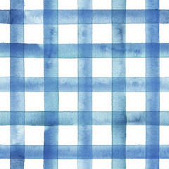 Aquarel geruite naadloze streeppatroon. Blauwe strepen op witte achtergrond