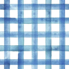 Foto op Plexiglas Aquarel geruite naadloze streeppatroon. Blauwe strepen op witte achtergrond © Olga