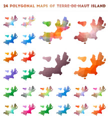Set of vector polygonal maps of Terre-de-Haut Island. Bright gradient map of island in low poly style. Multicolored Terre-de-Haut Island map in geometric style for your infographics.