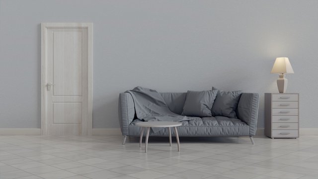 Grey lounge with two pillows in the real photo of white living room interior with fresh plant and empty wall with place for your painting