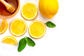  lemon and honey isolated on white background. Beauty and spa, skincare product.