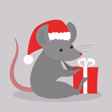 Cute christmas rat. Animal character in Santa Claus hat