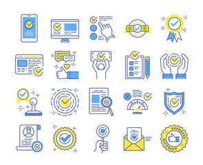 Approved elements color line icons set. Check marks, ticks collection. Checklist, certificate, documents, award medal, web sites symbols.