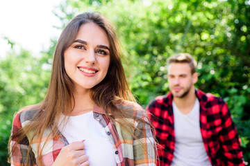 Fototapeta premium Fall in love. Love from first sight. If woman knows you like her how will she react. Pure feelings. Romantic date concept. Get her attention. Man hipster falling in love pretty girl. Casual meeting